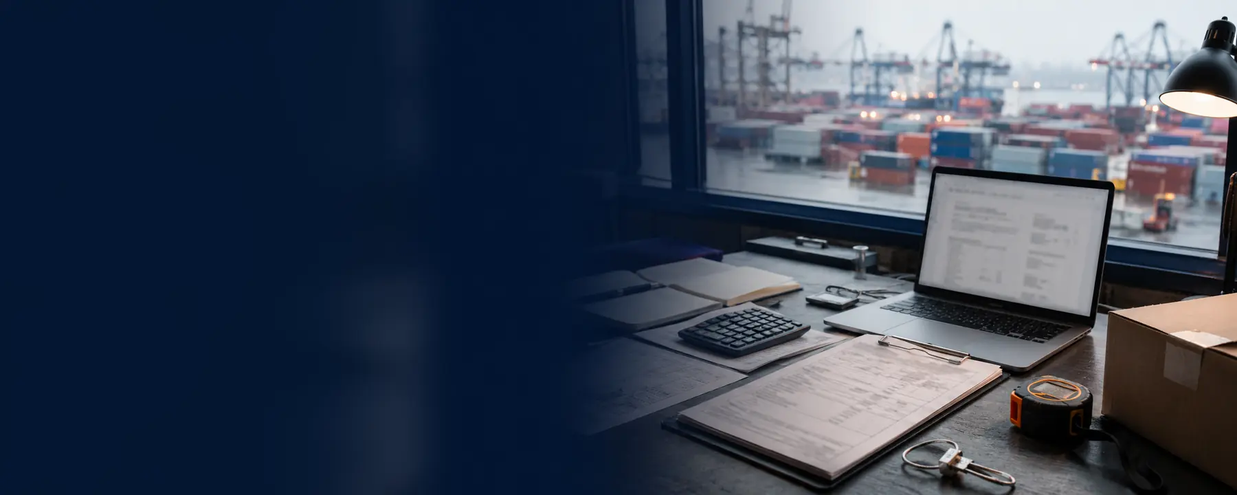 Freight specialist reviewing export documents in a warehouse office